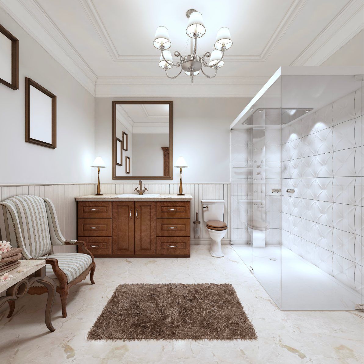 Bathroom remodel with wainscoting and frameless glass shower, Glen Cove NY