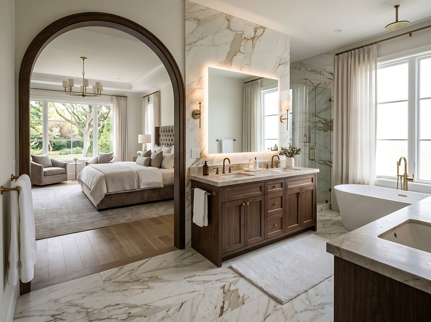 Primary suite bathroom with marble walls and walnut vanity, Glen Cove NY