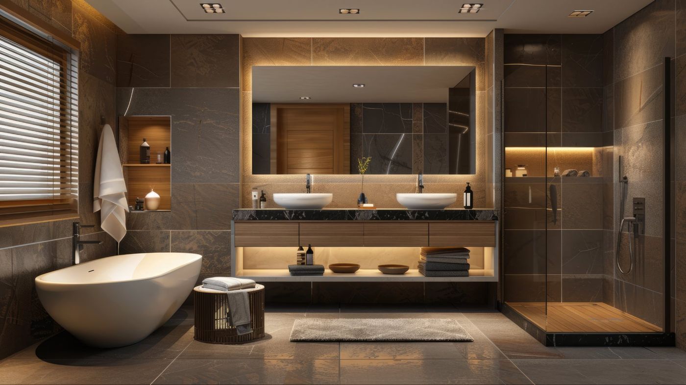 Spa bathroom with freestanding tub and walk-in shower, Glen Cove NY