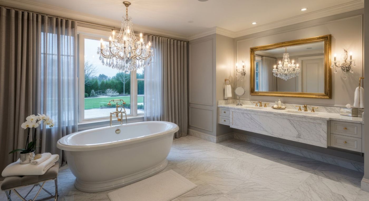 Primary bathroom with freestanding tub and marble vanity, Glen Cove NY
