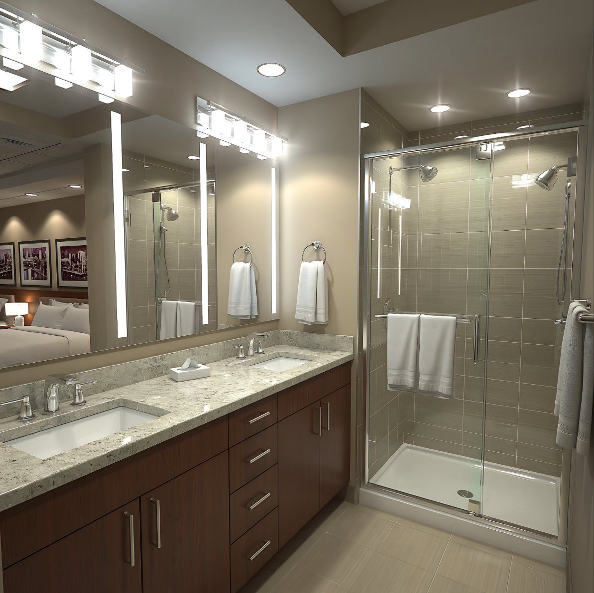 Double vanity with granite top and glass shower, Glen Cove NY