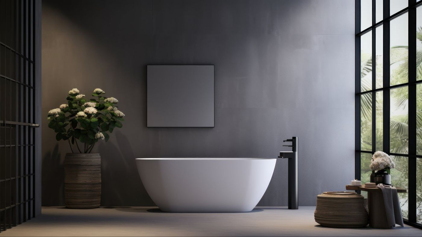 Modern bathroom with a freestanding tub and black window frames