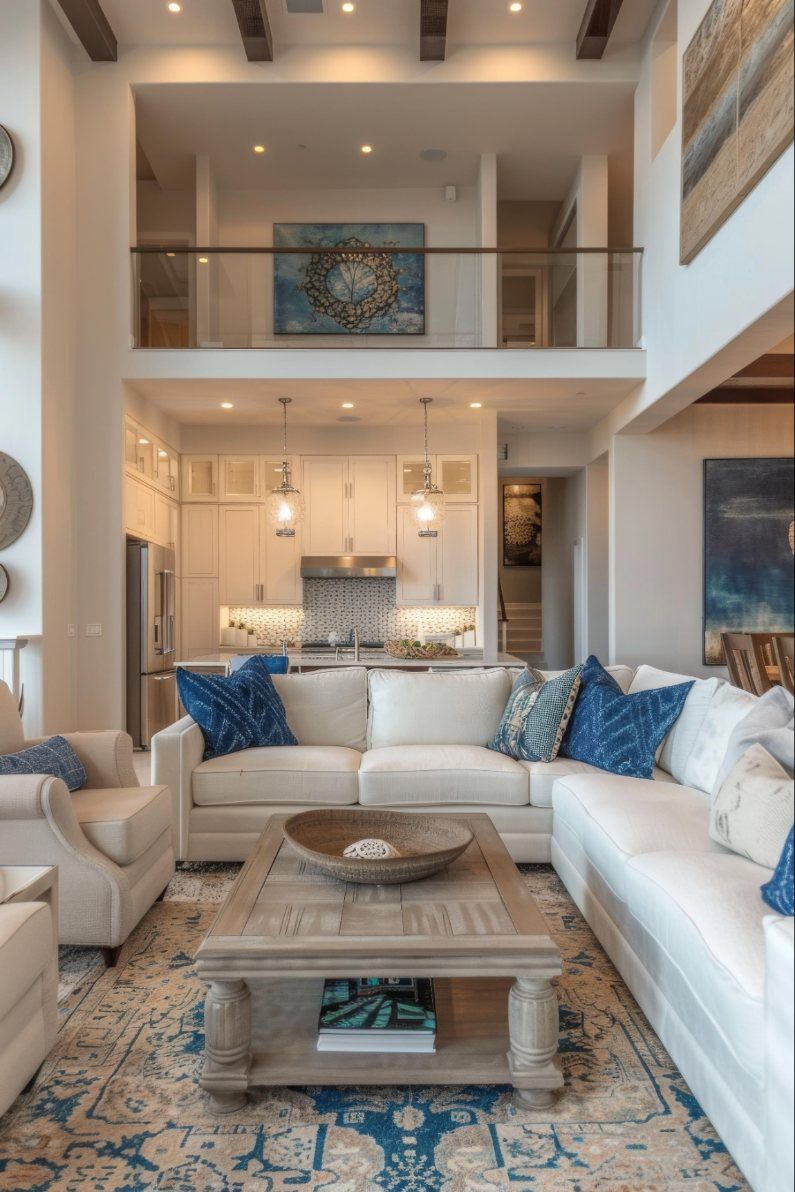 Open-plan living room with two-storey ceiling and new kitchen, Glen Cove NY