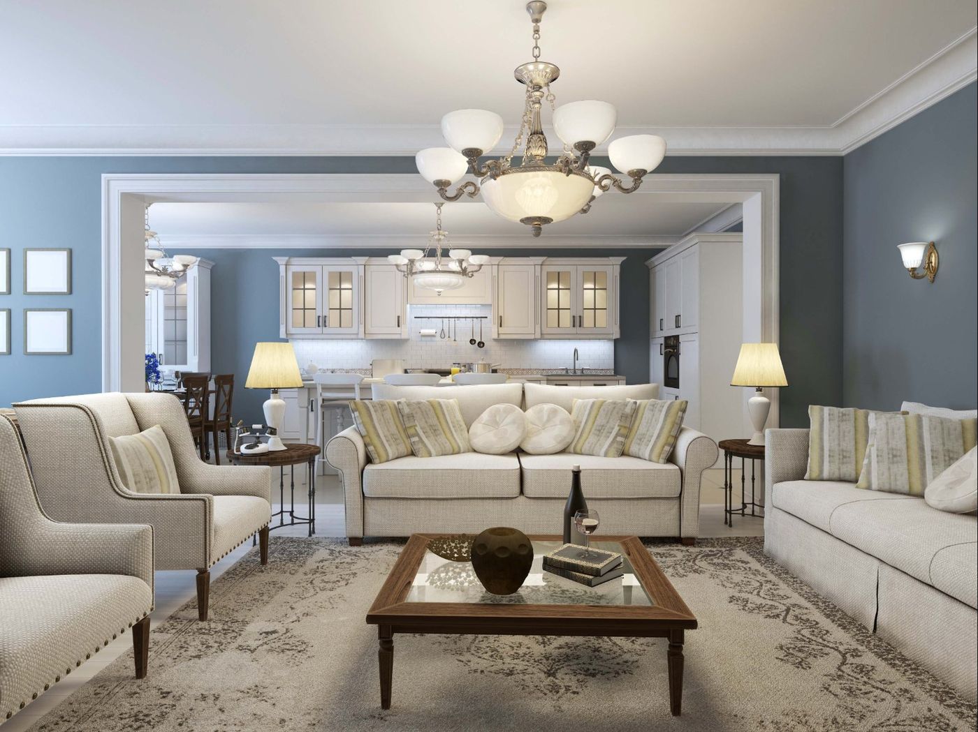 Renovated living room opening onto a white kitchen, Glen Cove NY