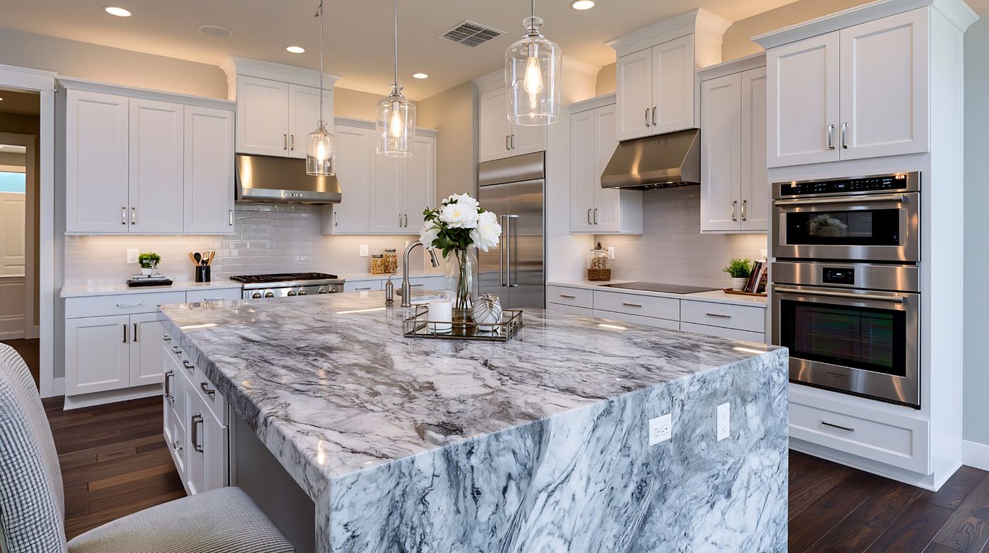 White shaker kitchen with marble waterfall island, Glen Cove NY