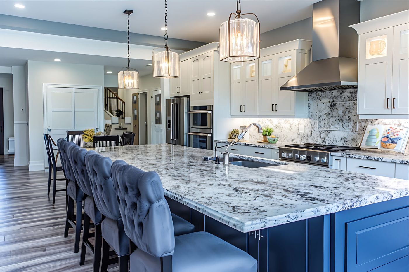 Navy island with granite countertop and upholstered stools, Glen Cove NY