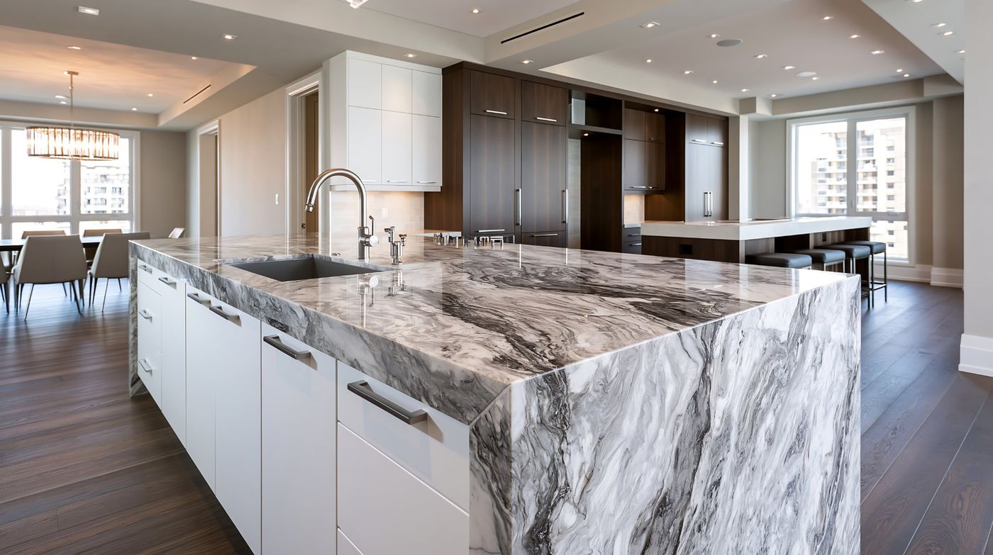 Flat-panel kitchen with marble waterfall island, Glen Cove NY