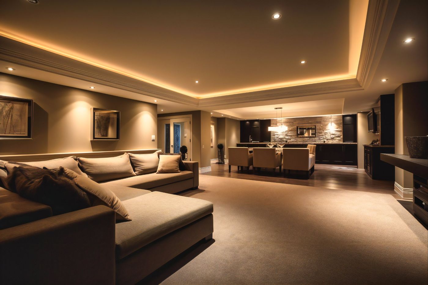 Basement lounge with cove lighting, Glen Cove NY