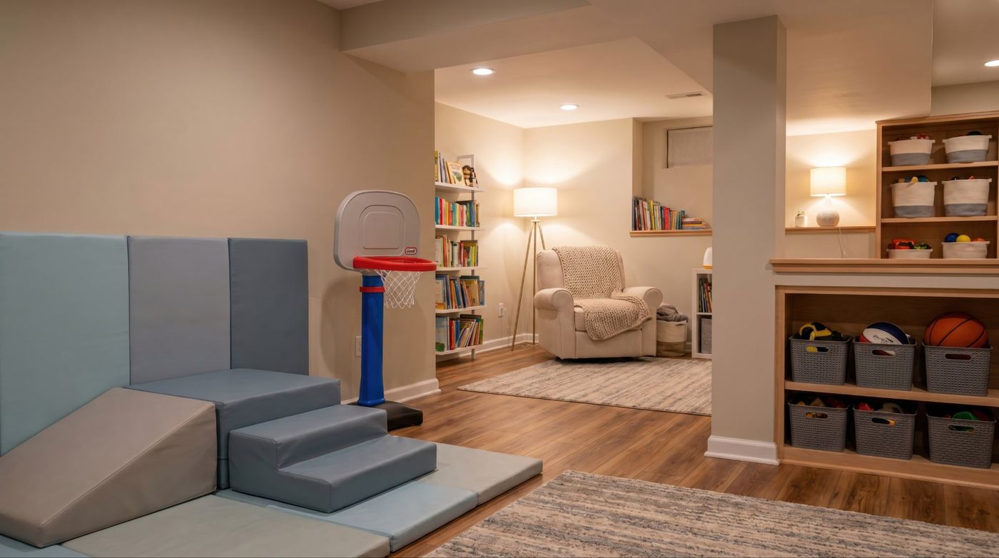 Finished basement playroom with built-in storage, Glen Cove NY