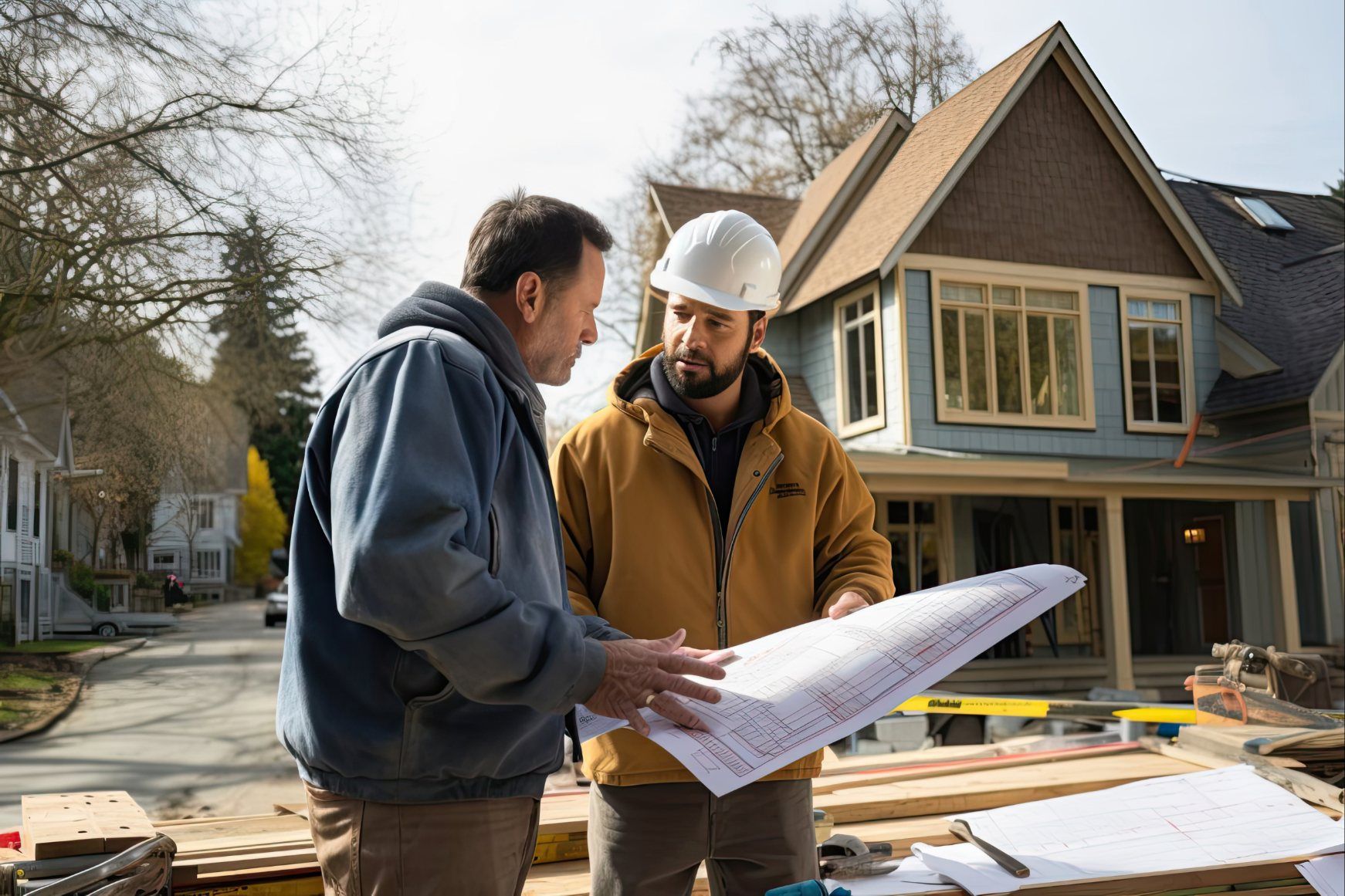 Cove Roofing & Remodeling Group project managers reviewing plans on site